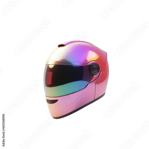 Colorful, futuristic motorcycle helmet against a black background.
