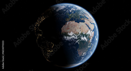 Curved Earth from Space with Glowing Cities and African Continent

