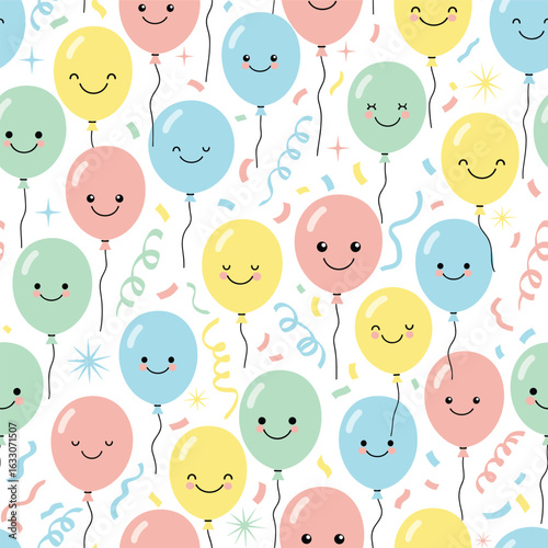 Cute Kawaii Party Seamless Pattern with Smiling Balloons, Confetti, and Streamers