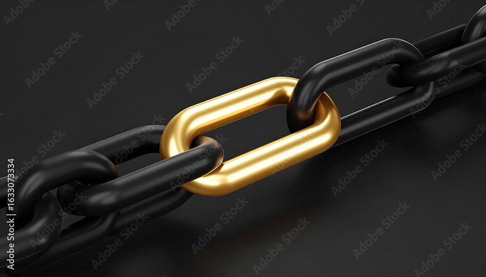 Obraz premium Golden Link Stands Out Leadership with Success, Concept, Unique, Black Chain, and Modern.