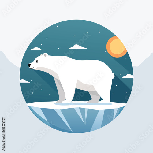 A polar bear stands on an ice floe under a starry night sky with a bright sun, set within a circular design.