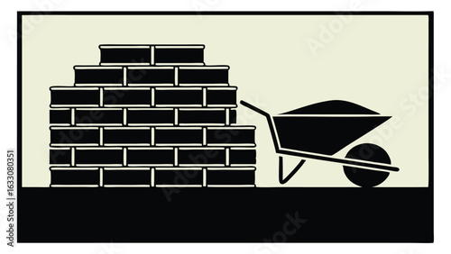 Stacked bricks wheelbarrow with cement construction
