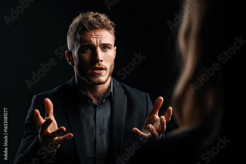 Confident businessman engaged in intense conversation during business meeting, delivering persuasive pitch to colleague, emphasizing dynamic interaction and professional setting