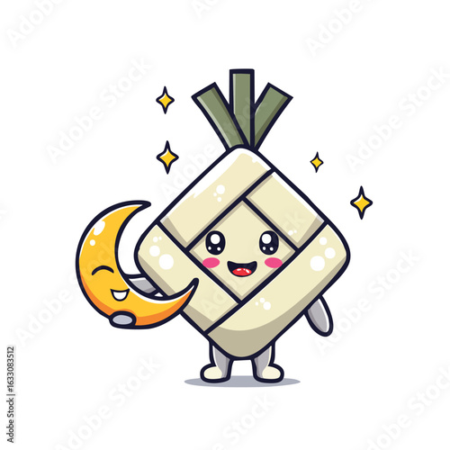 Cute ketupat character holding a crescent moon, surrounded by sparkling stars, on a white background.