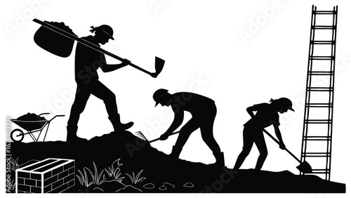 Workers digging and carrying materials shovel rake