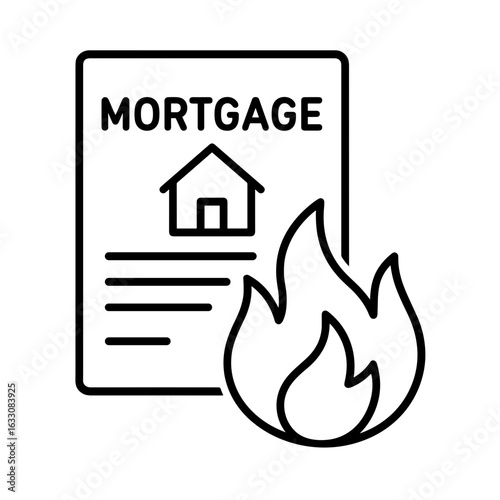 Burning mortgage document in outline style symbolizing housing crisis