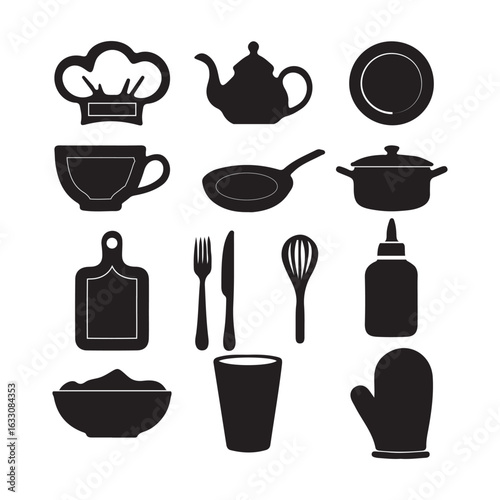    a set of cooking things of vector silhouette on white background
