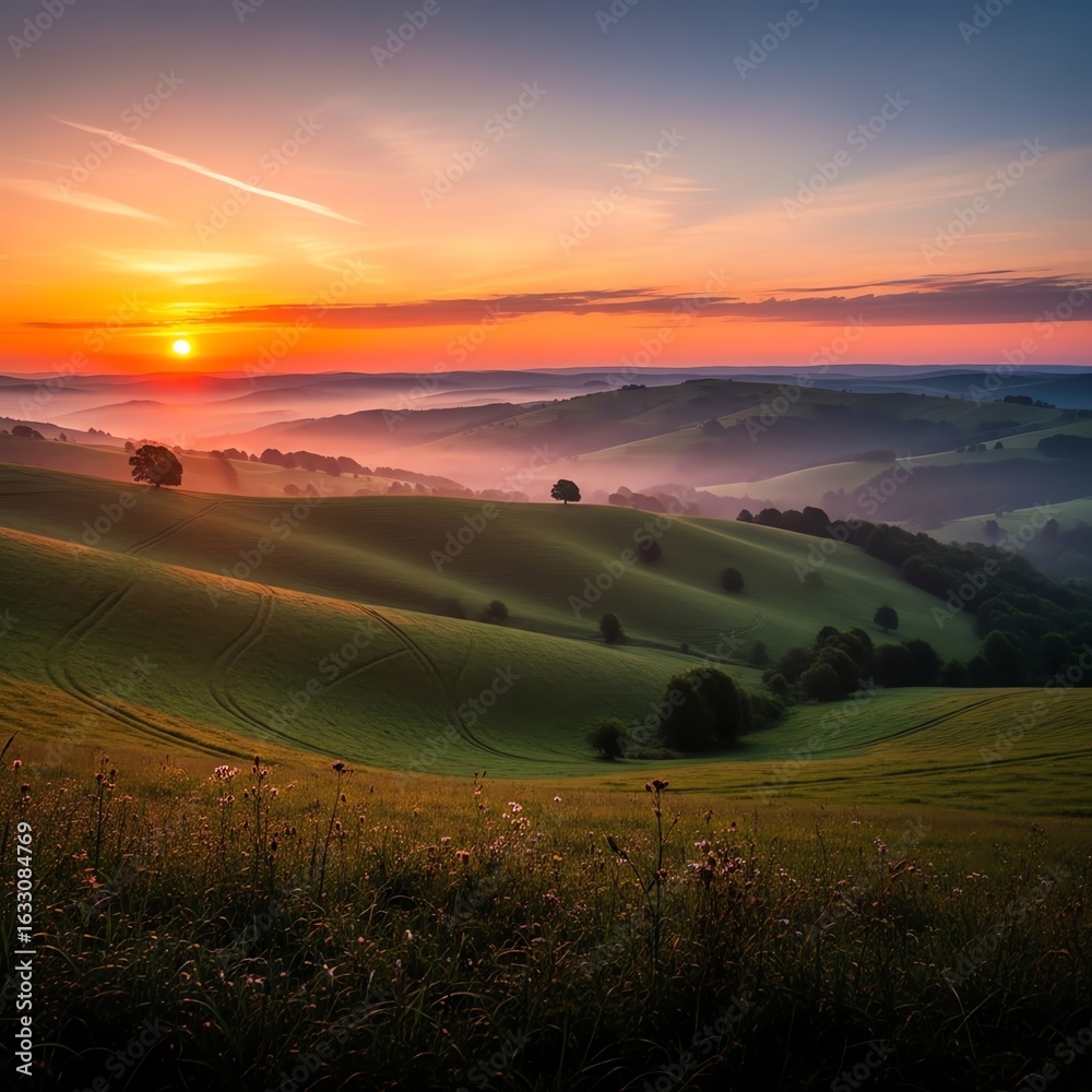 Fototapeta premium Rolling hills landscape sunset sky rural scenery