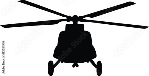 Isolated black silhouette of a transport helicopter with four rotor blades and landing gear.