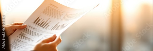 Business professional analyzing financial report with graphs during sunrise in modern office, detailed data evaluation for strategic decision making, corporate finance concept