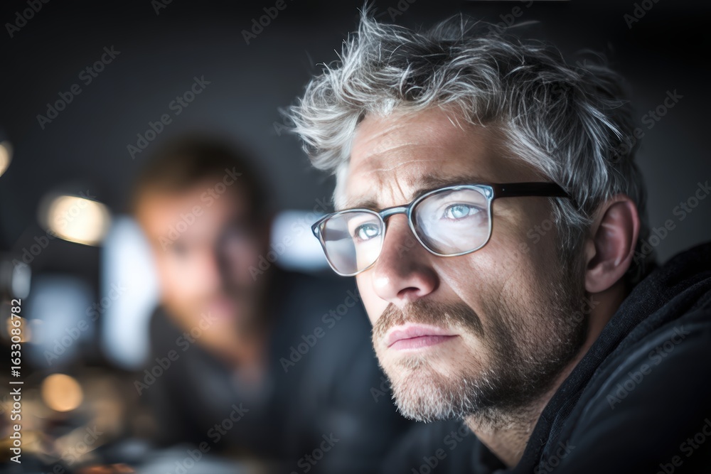 Obraz premium Pensive Mature Professional in Modern Workspace, Focused and Deep in Thought, with Colleague Blurred in Background, Showing Intense Concentration and Dedication