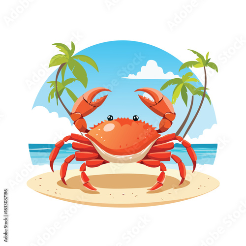 A cheerful cartoon crab on a tropical beach, basking in the sun.