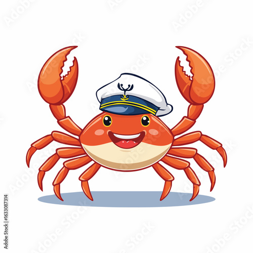 Cartoon crab wearing a white and blue captain's hat, smiling with claws raised against a white background.