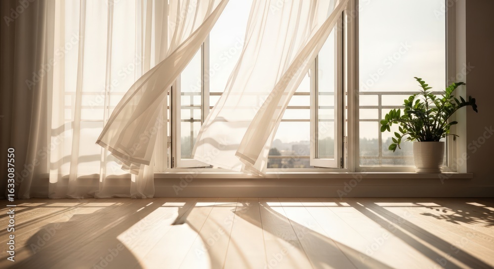 Fototapeta premium Sunlit Room with Flowing Curtains and a Potted Plant