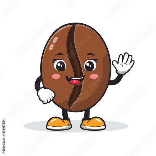 A cartoon coffee bean character with a happy face, waving hello with a friendly gesture.