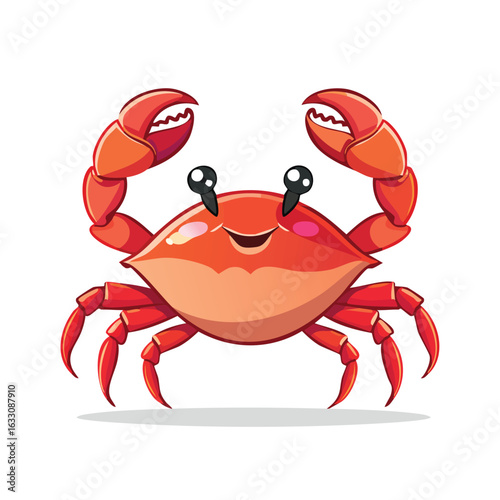 A cheerful cartoon crab with raised claws, smiling, and bright red coloring.