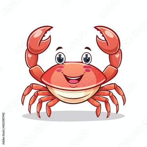 Cartoon illustration of a happy, smiling red crab with raised claws, isolated on a white background.