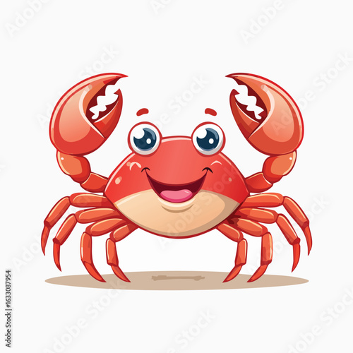 Cartoon depiction of a friendly, smiling crab with large claws.