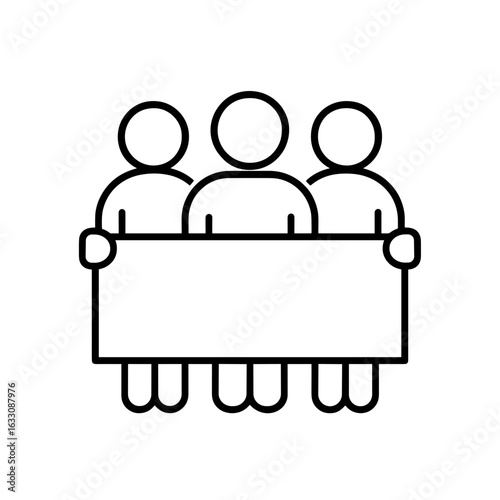 Three people holding sign in front icon in outline style representing teamwork and shared statement