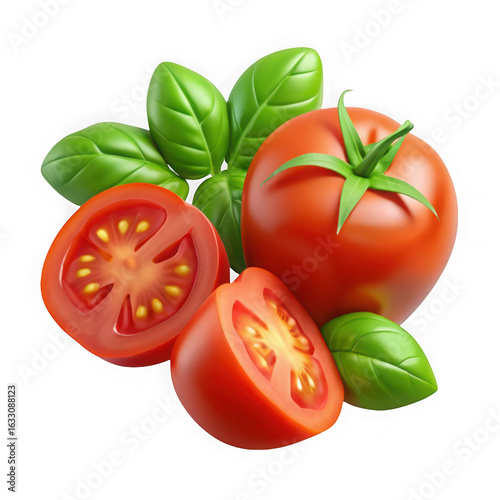 Fresh tomatoes and basil leaves isolated on transparent background