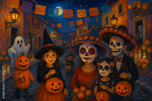 A painting of a group of people dressed in Halloween costumes