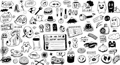 Detailed Black and White Hand-Drawn Doodle Art Compilation: Featuring Quirky Characters, Everyday Objects, and Surreal Elements.