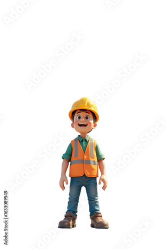 Cheerful cartoon construction worker looking upwards.