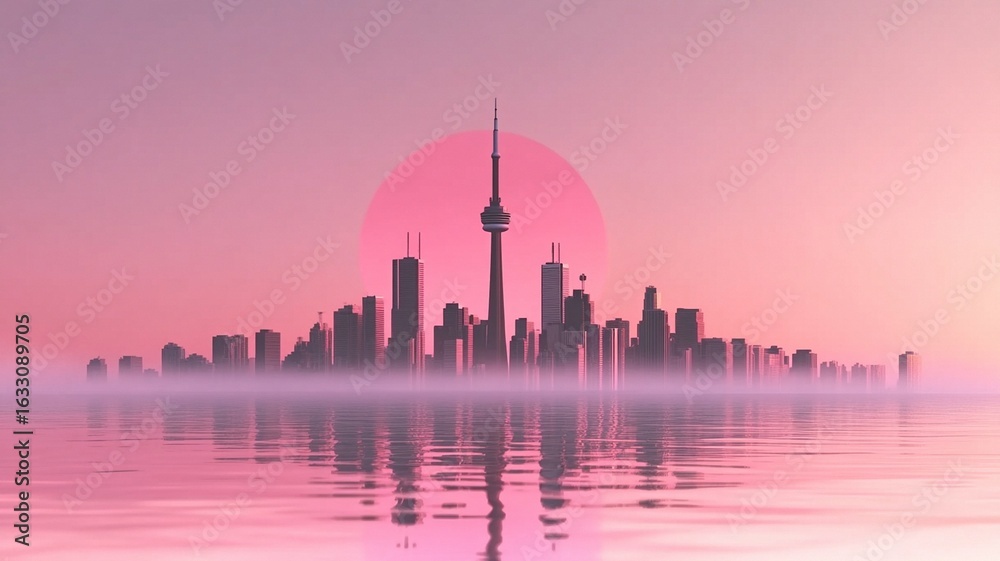 Obraz premium City Skyline Silhouette with Pink Sunset and Water Reflection, Modern Urban Architecture for Travel and Real Estate Design
