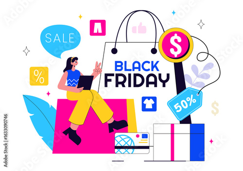 Black Friday Sale Event Vector Illustration with Shopping Paper Bags and Big Promotional Discounted Goods for Marketing in a Flat Style Background
