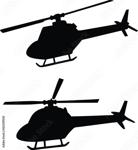 Set of two black helicopter silhouettes with rotors and landing skids. Aviation chopper graphic.