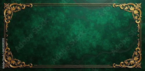 Dark green leather, gilded arabesque calligraphy, floral corners, scroll, art