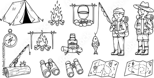 Hand-drawn collection of camping and outdoor adventure essentials: tent, campfire, fishing, compass, maps, and hikers.