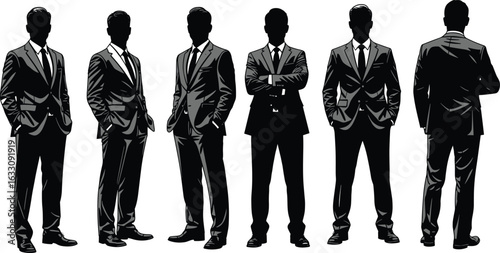 Businessmen in suits silhouette, standing poses, professional corporate team, leadership concept, formal attire, business illustration, teamwork, success, office dress code