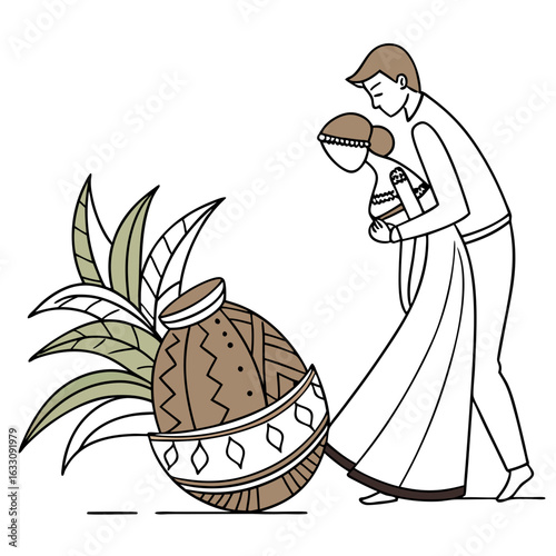 Couple carrying a traditional ceremonial pot during a cultural wedding ceremony.