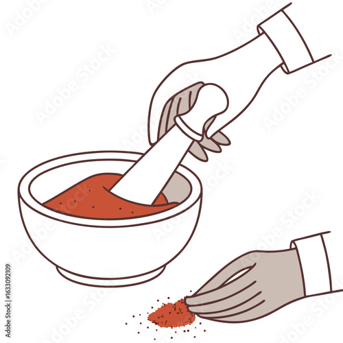 An illustration of hands using a mortar and pestle to grind a red powder, with another hand pinching a small amount.