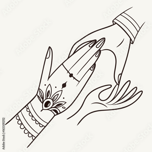 A delicate line art illustration of a woman's henna-decorated hand being held by another.