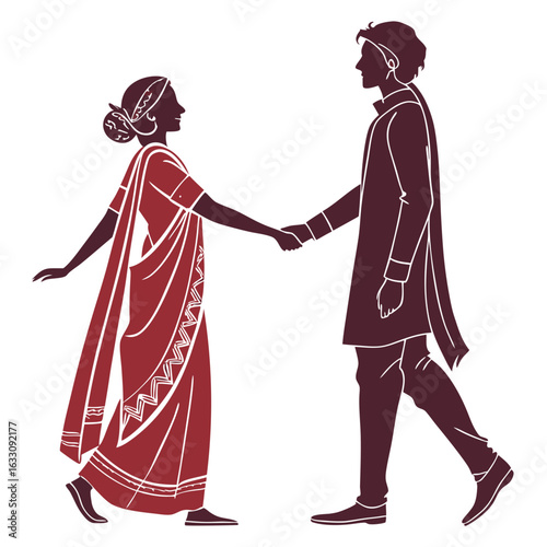 A romantic silhouette of an Indian couple in traditional clothing holding hands and walking together.
