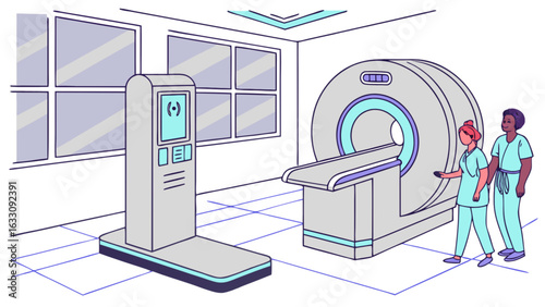Medical imaging ct scan mri machine in hospital room with doctors for diagnosis and treatment planning