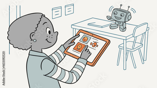 Woman using tablet to control robot modern robotics ai learning stem education technology future classroom