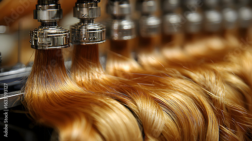 Automated hairextension production gleaming metal and auburn strands
