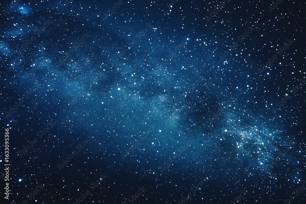 Fototapeta premium Starry sky background, blue night sky full of stars, glowing stars in the dark space, starry background, dark night, stars in the distance, starlight, dark background with a blue glow, night sky. 