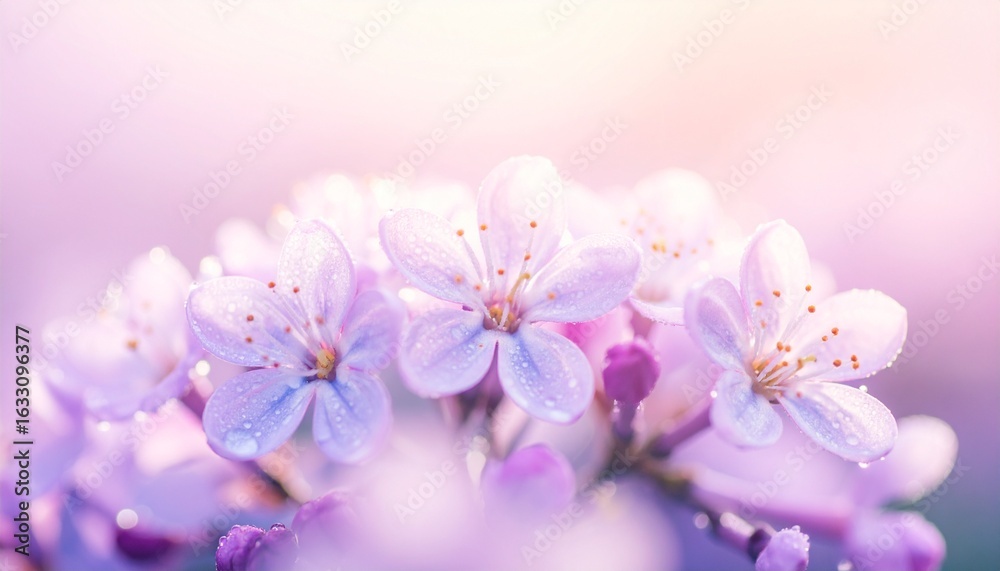Fototapeta premium Soft Lilac Blossoms Bathed in Light, Cherry Blossoms in Soft Focus Showing Raindrops on Petals With a Pale Background