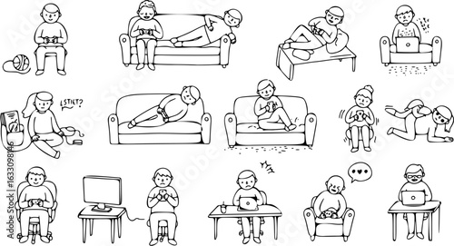Various cartoon illustrations of people engrossed in screen time: gaming, browsing, and working on phones, laptops, and consoles, depicted in different sedentary indoor settings.