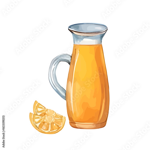 Refreshing orange juice in a pitcher with orange slices isolated on a white background.
