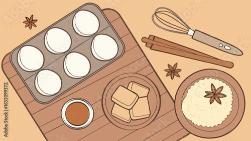 Baking muffins and cookies with cinnamon sticks anise star on wood kitchen table top view illustration