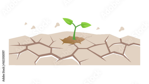 Hope springs eternal concept showing green plant growing from cracked dry earth drought landscape illustration
