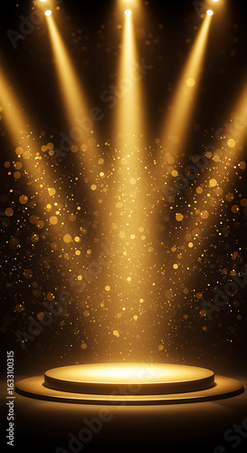 Golden spotlight illuminating empty stage with shimmering particles image
