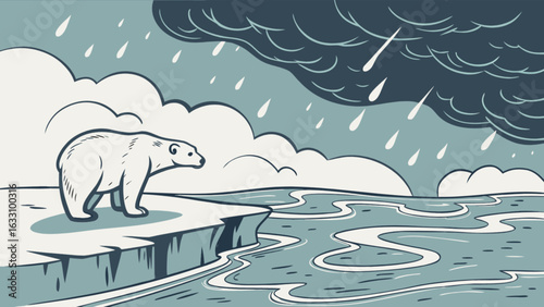Polar bear climate change vector art illustration on melting ice floe under rain and stormy weather scene