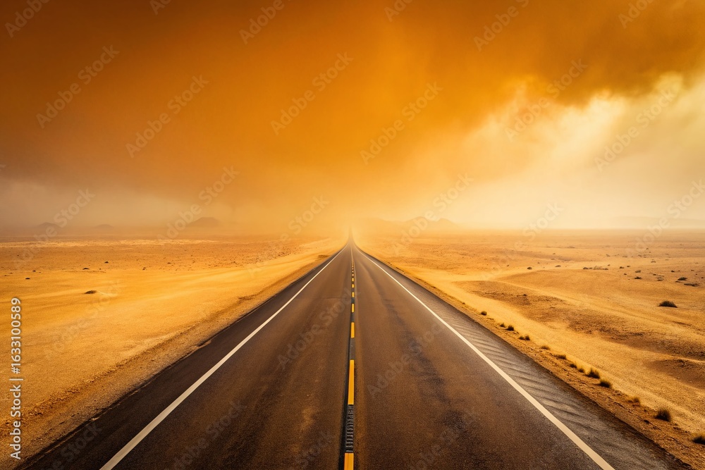 Naklejka premium Deserted Highway Dust Storm: Hazardous Arid Desert Driving Conditions