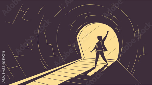 Man emerging from tunnel to light success and achievement vector illustration freedom and hope concept